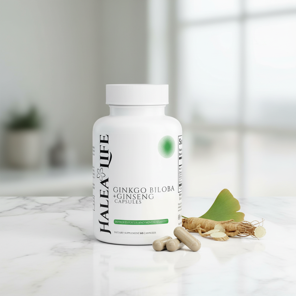 Supplement bottle labeled 'HALEA LIFE' on a marble surface with blurred background