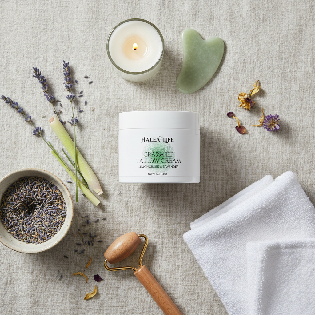 Halea Life grass-fed tallow cream with lavender on a textured surface