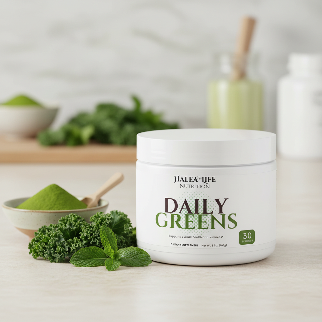Halea Life Nutrition Daily Greens supplement jar with green powder and vegetables on a light background
