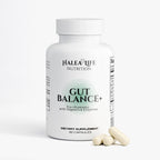 Halea Life Nutrition Gut Balance+ dietary supplement bottle with capsules on a white background