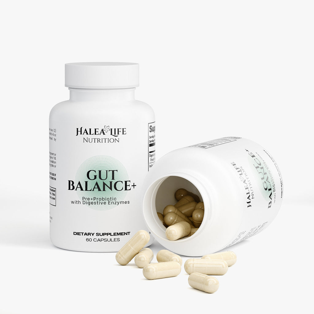 Hale & Life Nutrition Gut Balance+ dietary supplement bottle with open cap showing capsules on a white background