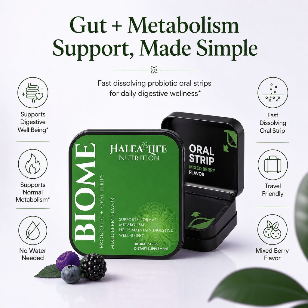 Halea Life Nutrition BIOME probiotic oral strips packaging with text on a white background