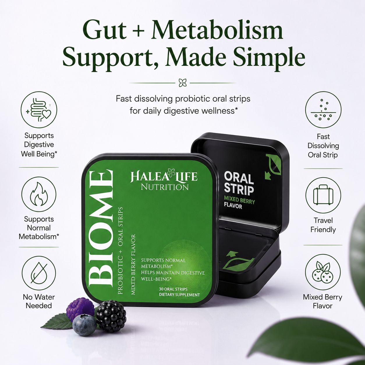 Halea Life Nutrition BIOME probiotic oral strips packaging with text on a white background