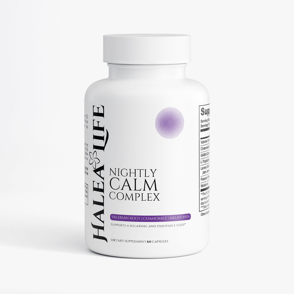 Nightly Calm Complex Capsules bottle by Halea Life with Valerian Chamomile GABA and Melatonin sleep blend