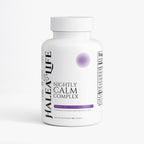 Nightly Calm Complex Capsules bottle by Halea Life with Valerian Chamomile GABA and Melatonin sleep blend