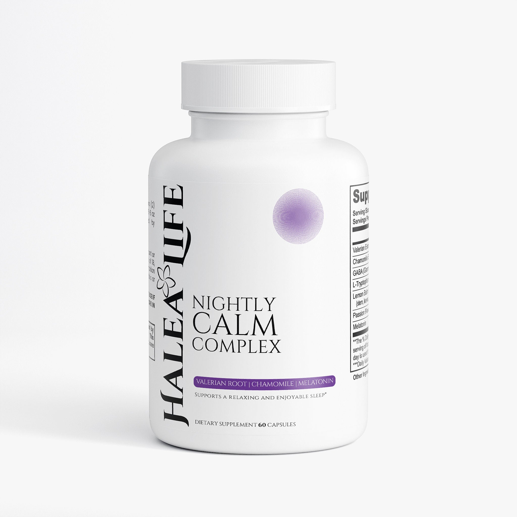 Nightly Calm Complex Capsules bottle by Halea Life with Valerian Chamomile GABA and Melatonin sleep blend
