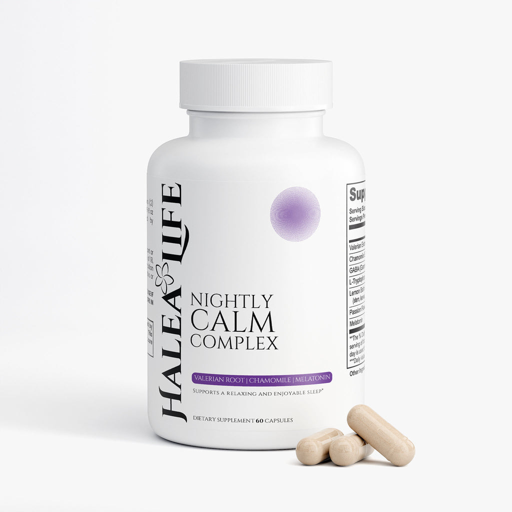 Halea Life Nightly Calm Complex Capsules supplement facts label with 7 calming ingredients per serving