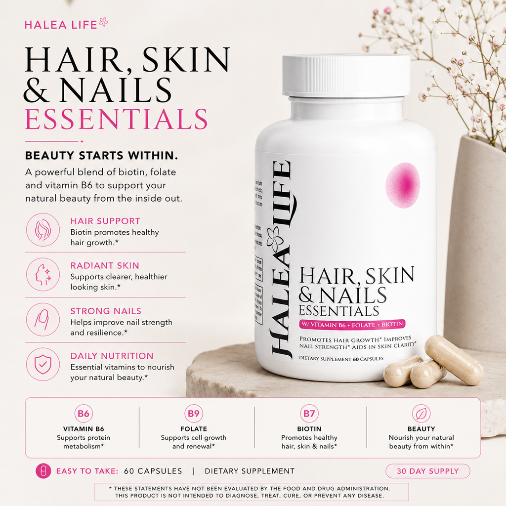 Halea Life Hair, Skin &amp; Nails Essentials combines&nbsp;Biotin at 5,000 mcg, Iron, Vitamin B6, Folate, Vitamin B12, Vitamin C, Vitamin D, Vitamin E, Pantothenic Acid, Calcium, Magnesium, Zinc, Manganese, and Potassium