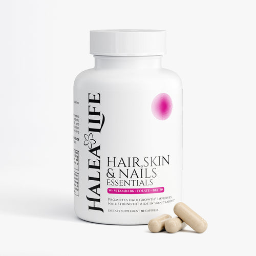 Supplement bottle labeled 'Hair, Skin & Nails Essentials' by Halea Life on a white background