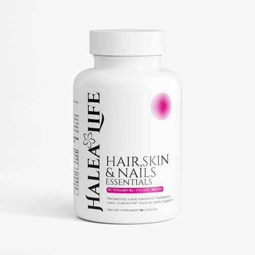 Supplement bottle labeled 'Halea Life Hair, Skin & Nails Essentials' on a white background