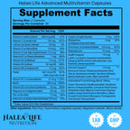Supplement facts label for Halea Life Advanced Multivitamin Capsules on a blue background.