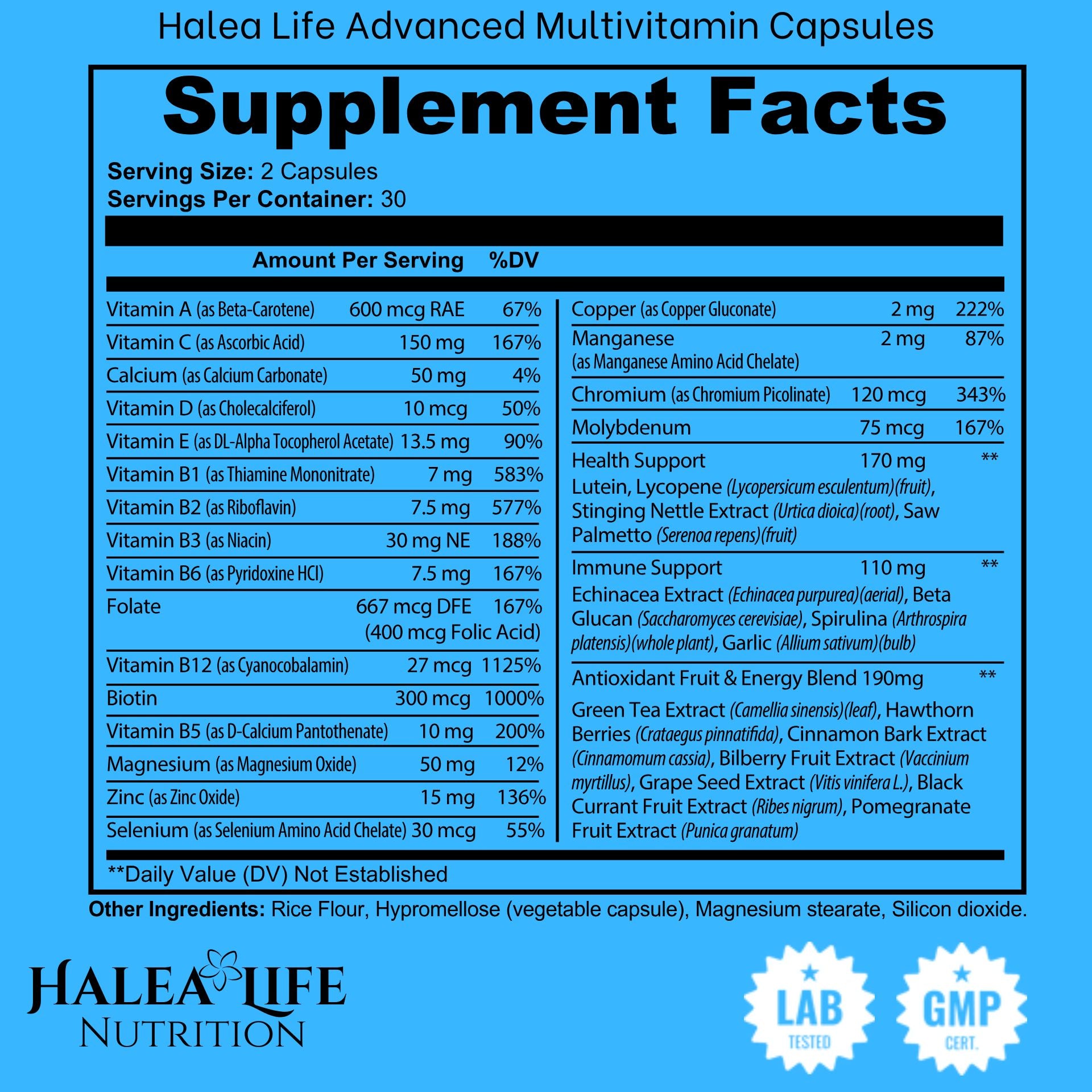 Supplement facts label for Halea Life Advanced Multivitamin Capsules on a blue background.