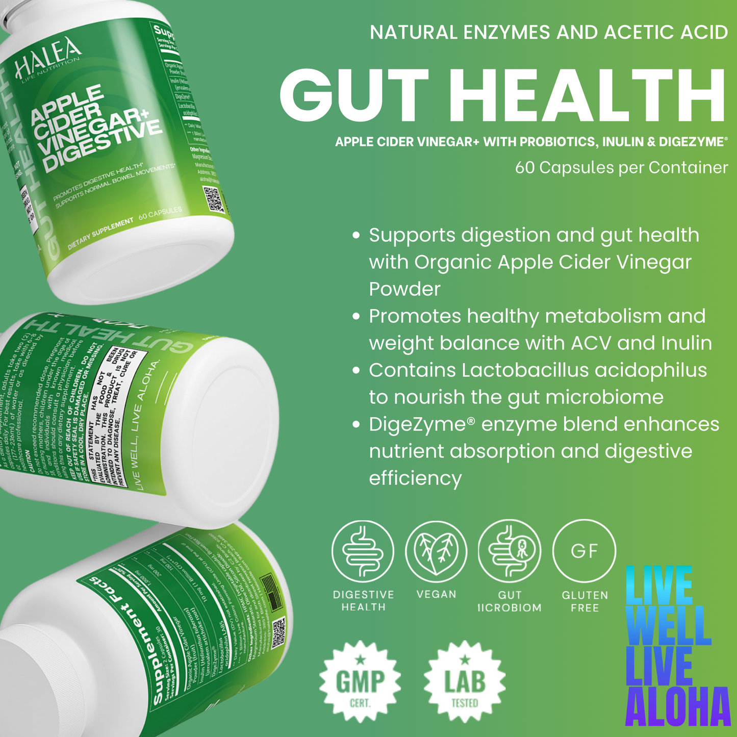 Halea Life Nutrition Apple Cider Vinegar+ with Probiotics, Inulin & DigeZyme®