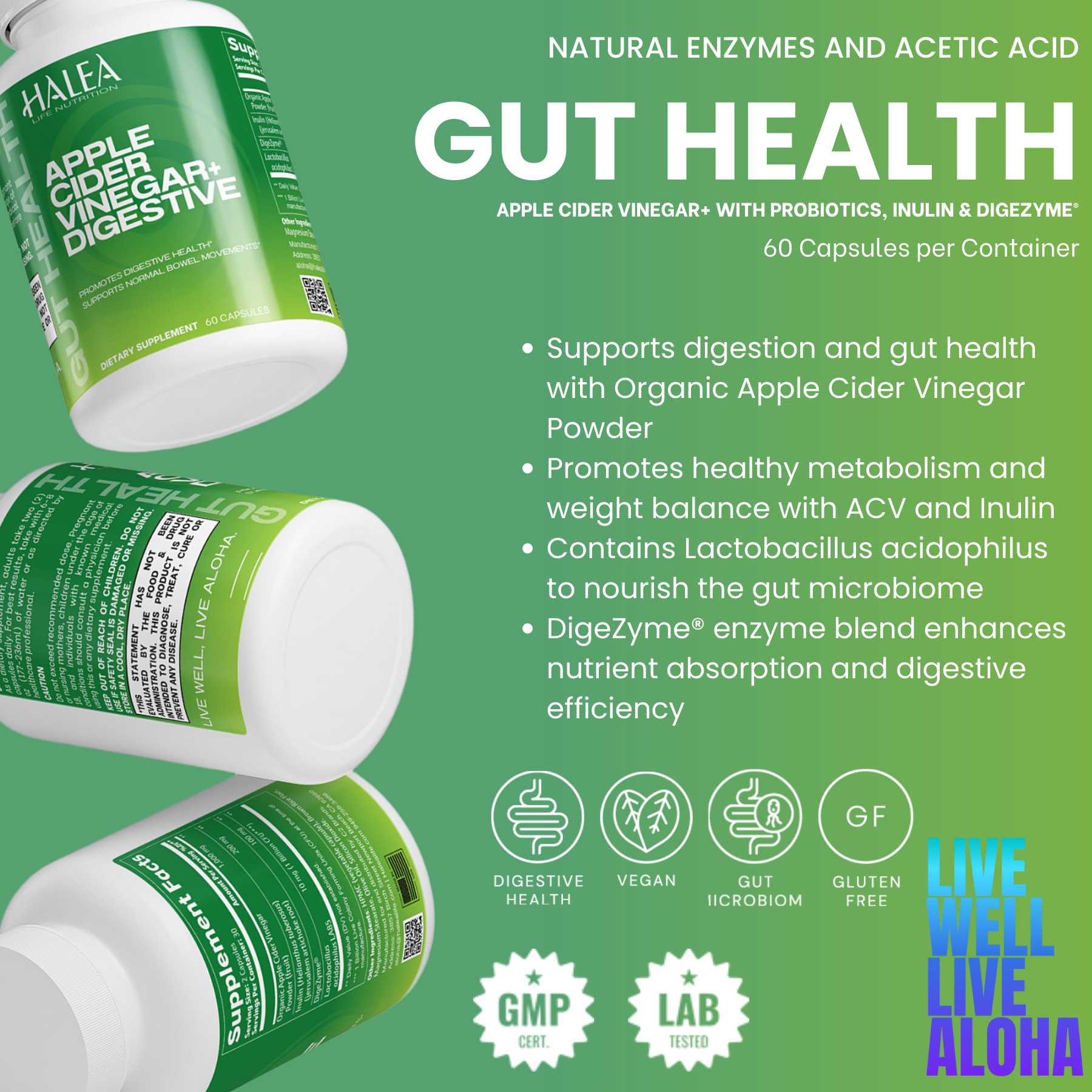 Halea Life Nutrition Apple Cider Vinegar+ with Probiotics, Inulin & DigeZyme®