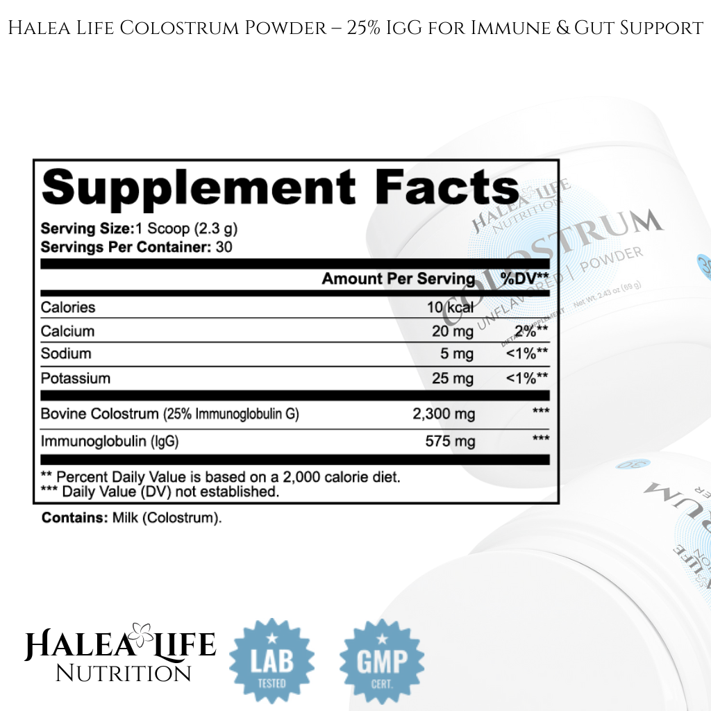 Supplement facts label for Halea Life Colostrum Powder with nutritional information and certification logos.