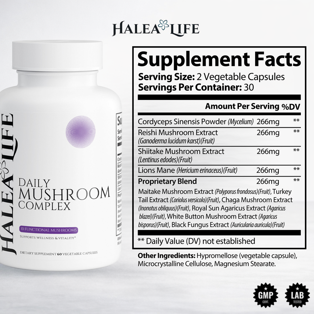 Halea Life Daily 10x Organic Mushroom Wellness for beta-glucan immune defense and cellular vitality