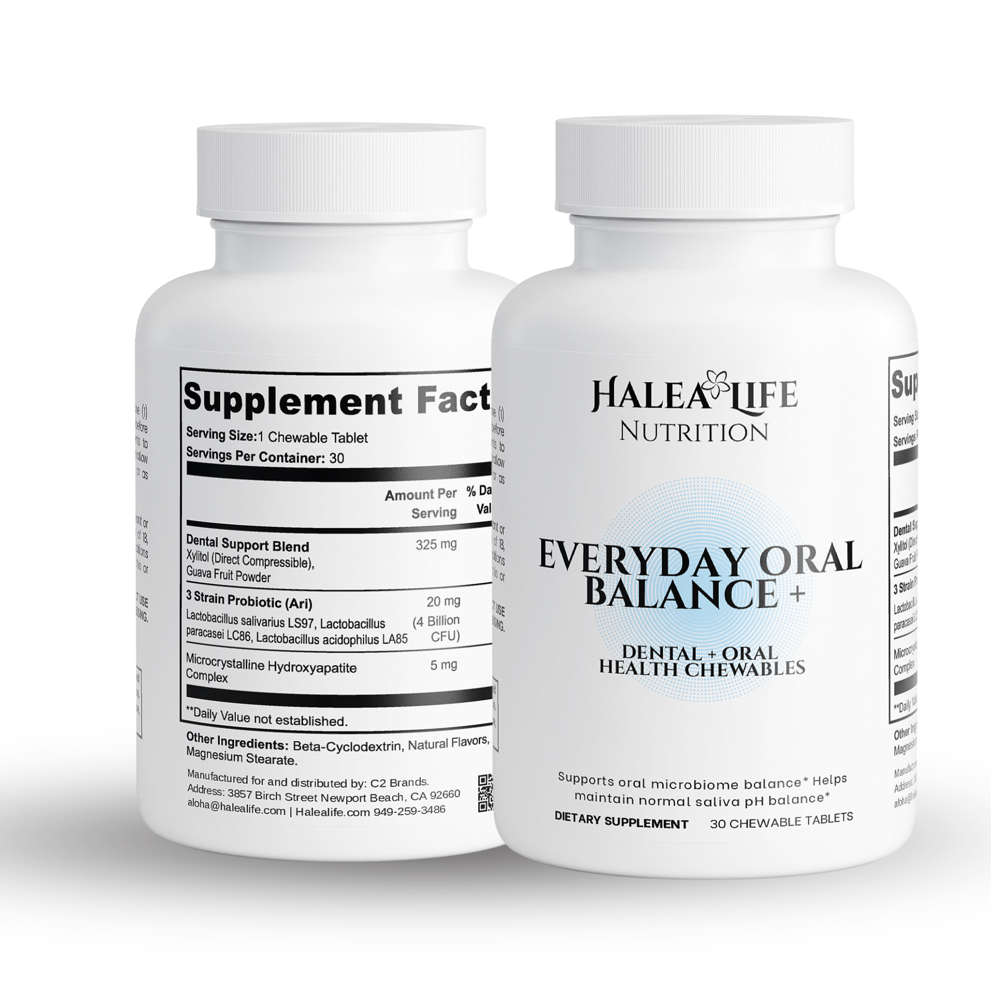 Two bottles of Halea Life Nutrition Everyday Oral Balance supplements on a white background