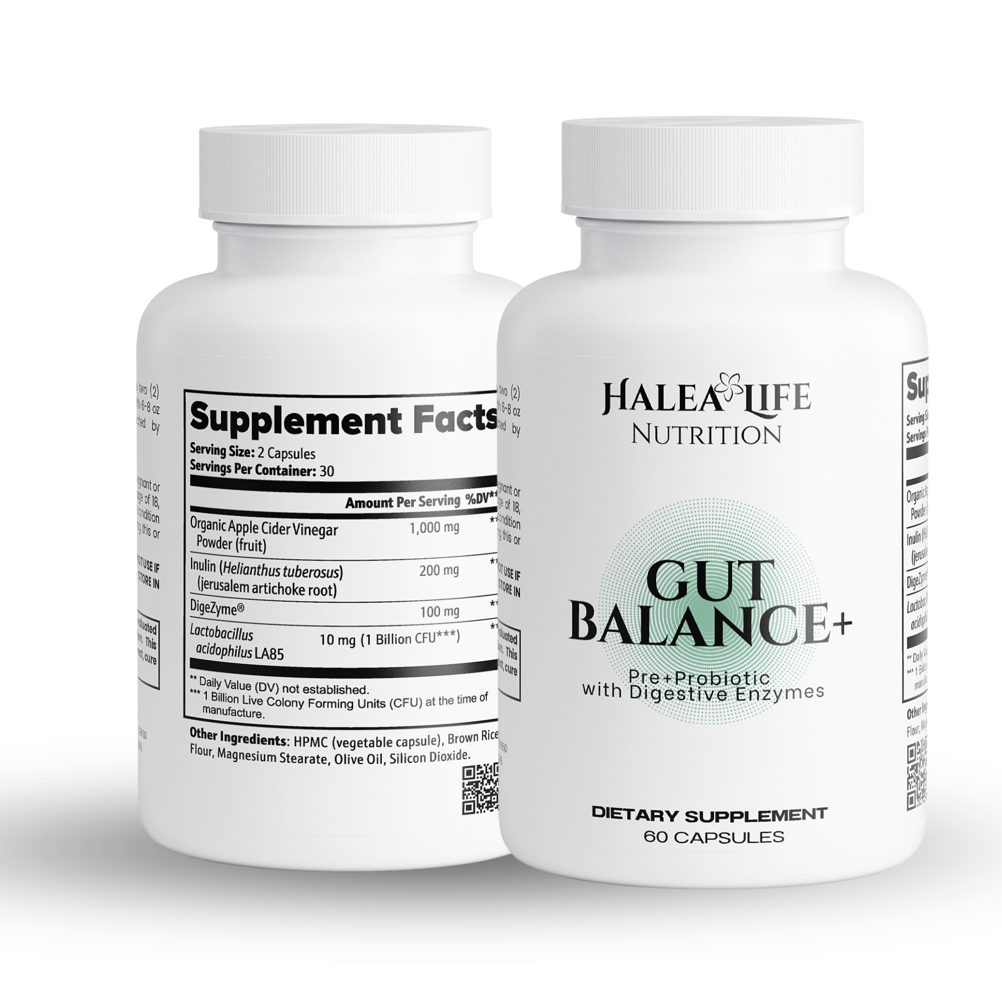 Two bottles of Halea Life Nutrition Gut Balance+ supplement on a white background