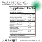 Halea Life KSM-66 Ashwagandha supplement facts with 600mg KSM-66 extract and dosage detail