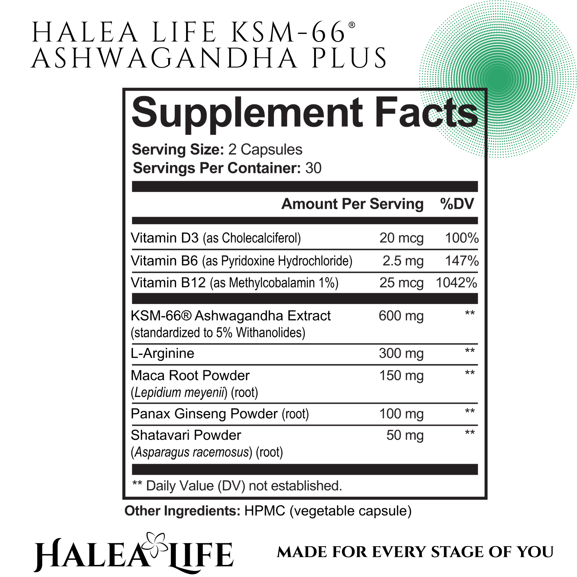 KSM-66 Ashwagandha Plus supplement facts and ingredient details panel by Halea Life