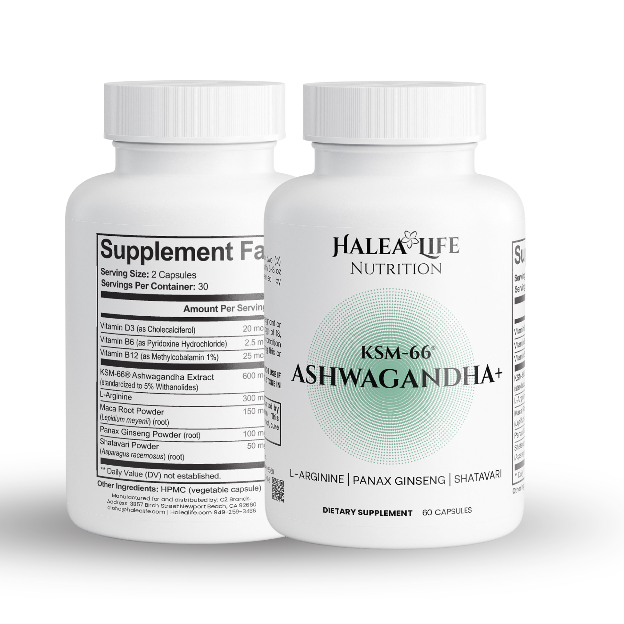 Two bottles of Halea Life Nutrition KSM-66 Ashwagandha supplement on a white background