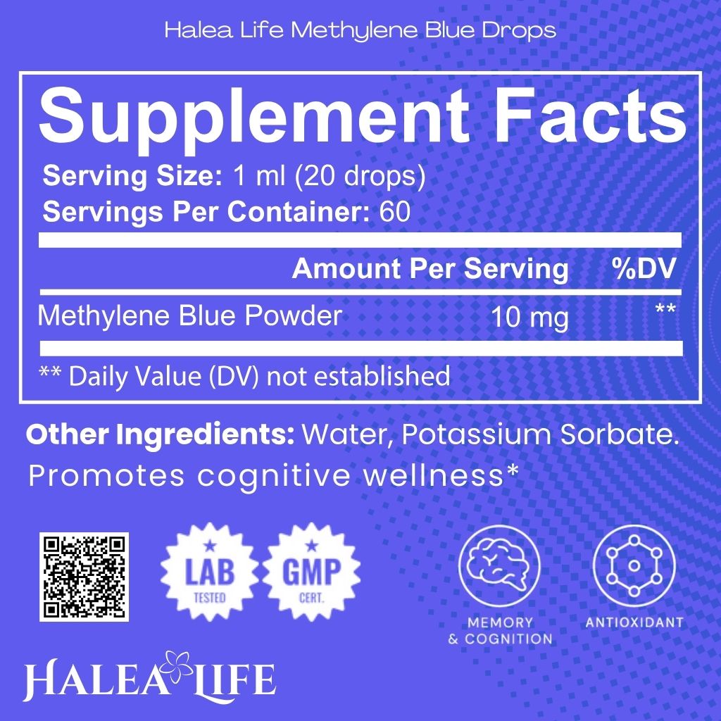 Supplement facts label for Halea Life Methylene Blue Drops on a blue background