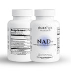 Two bottles of Halea Life Nutrition NAD+ dietary supplements on a white background