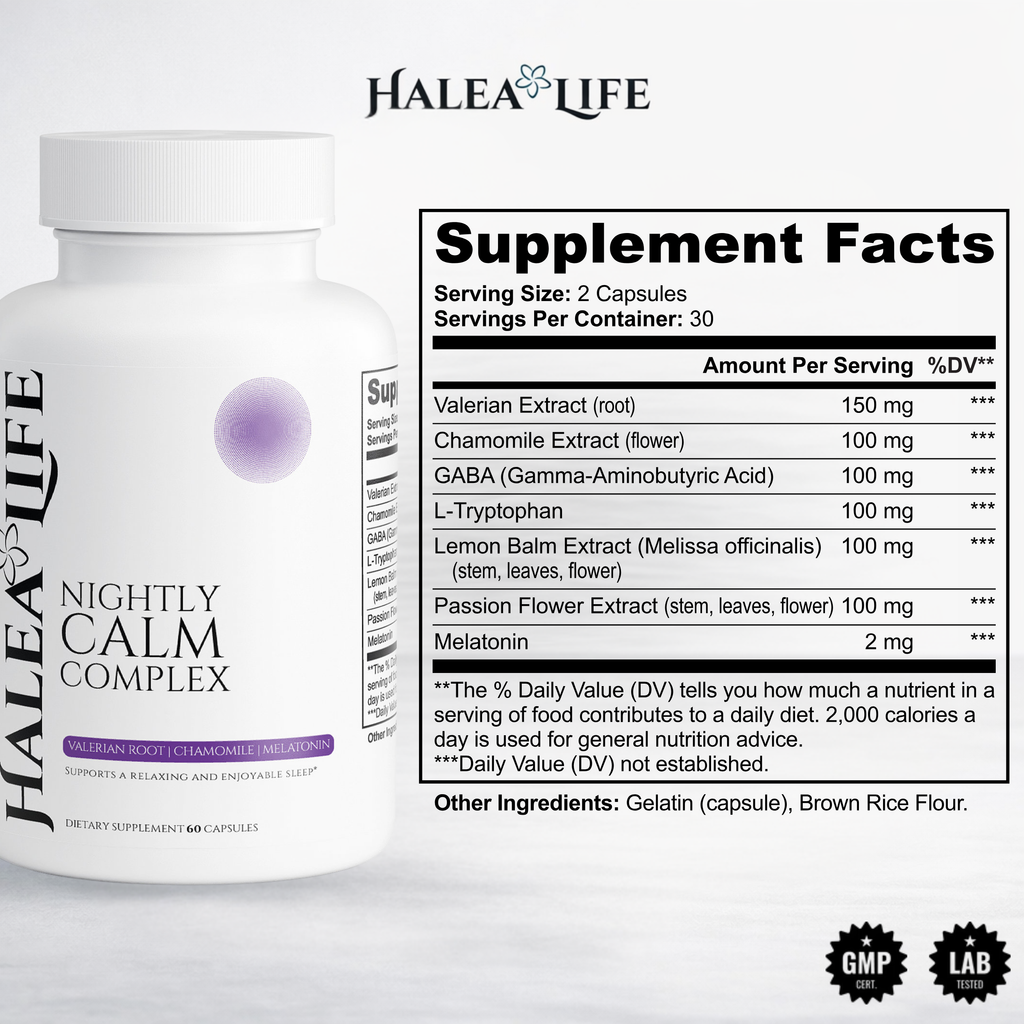 Halea Life Nightly Calm Complex for sleep onset relaxation and evening calm support 60 capsules