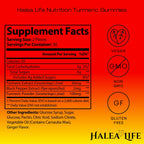 Supplement facts label for Halea Life Nutrition Turmeric Gummies on a red and orange gradient background.