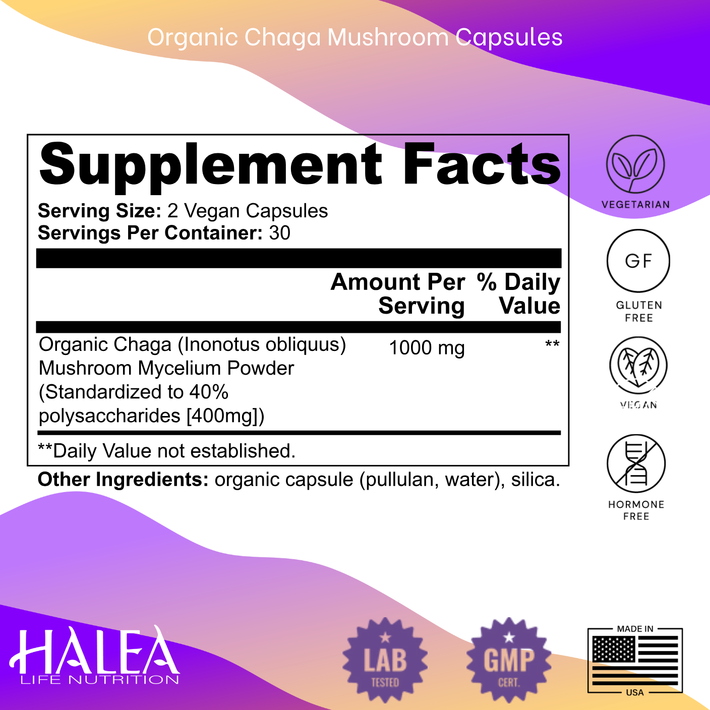 Halea Life Nutrition Organic Chaga Mushroom Capsules