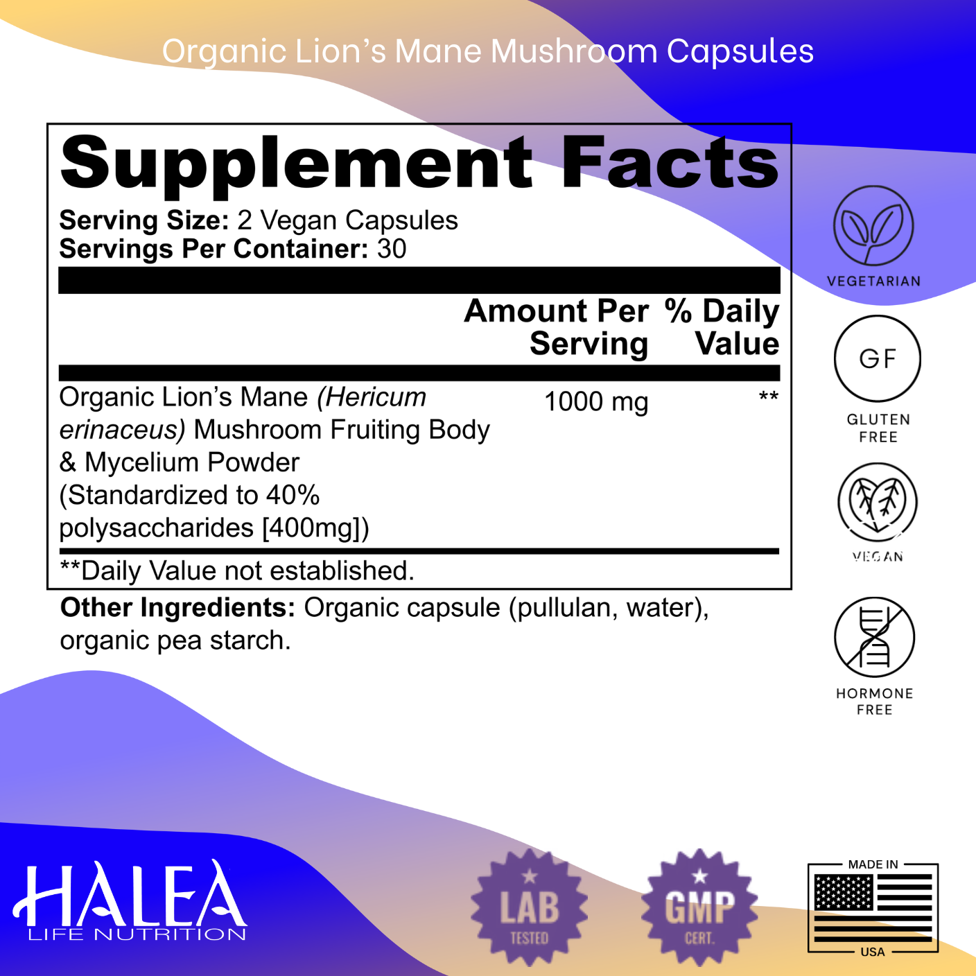 Halea Life Nutrition Organic Lion's Mane Mushroom Capsules