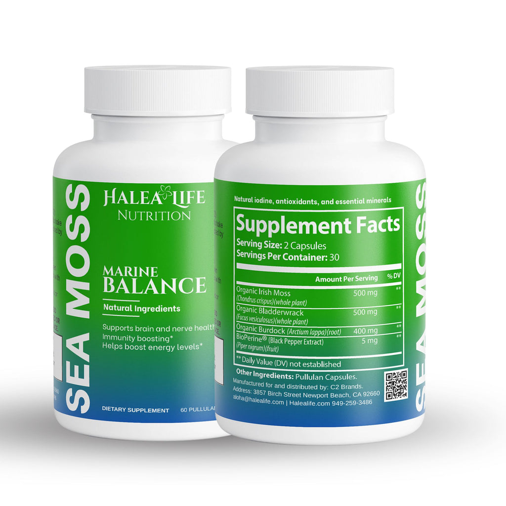 Two bottles of Halea Life Nutrition Sea Moss Marine Balance supplement on a white background