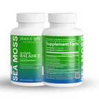 Two bottles of Halea Life Nutrition Sea Moss Marine Balance supplement on a white background