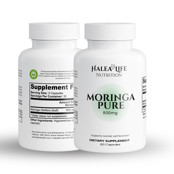 Natural Moringa Capsules made with moringa oleifera leaf. Simple daily greens support for everyday wellness, gentle natural energy and antioxidant support as part of your routine.