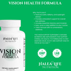 Halea Life Nutrition Vision Health Formula dietary supplement bottle with two capsules on a white background