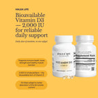 Halea Life Vitamin D3 supplement on a yellow background with text about bioavailability and benefits.