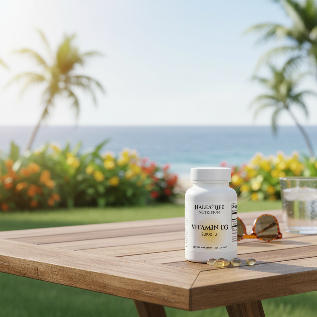 Vitamin D3 bottle with pills on a wooden table with a scenic background