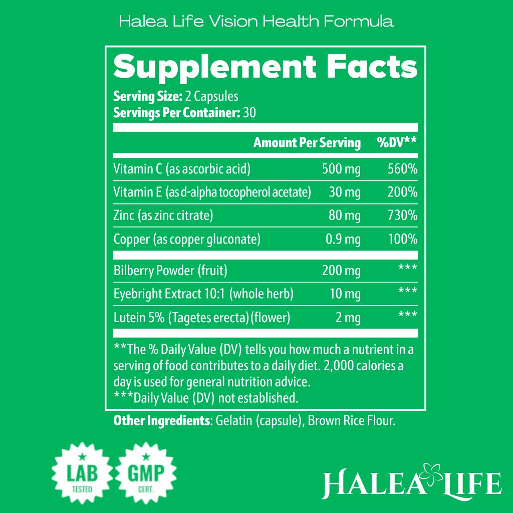 Halea Life Nutrition Vision Health Formula dietary supplement bottle with two capsules on a white background