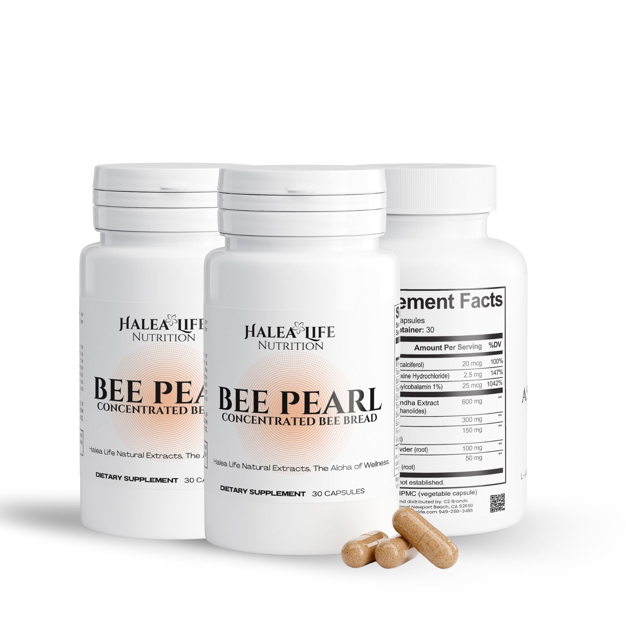 Halea Life Bee Pearl Concentrated Bee Bread 3-Pack bottle lineup 90-Day Supply