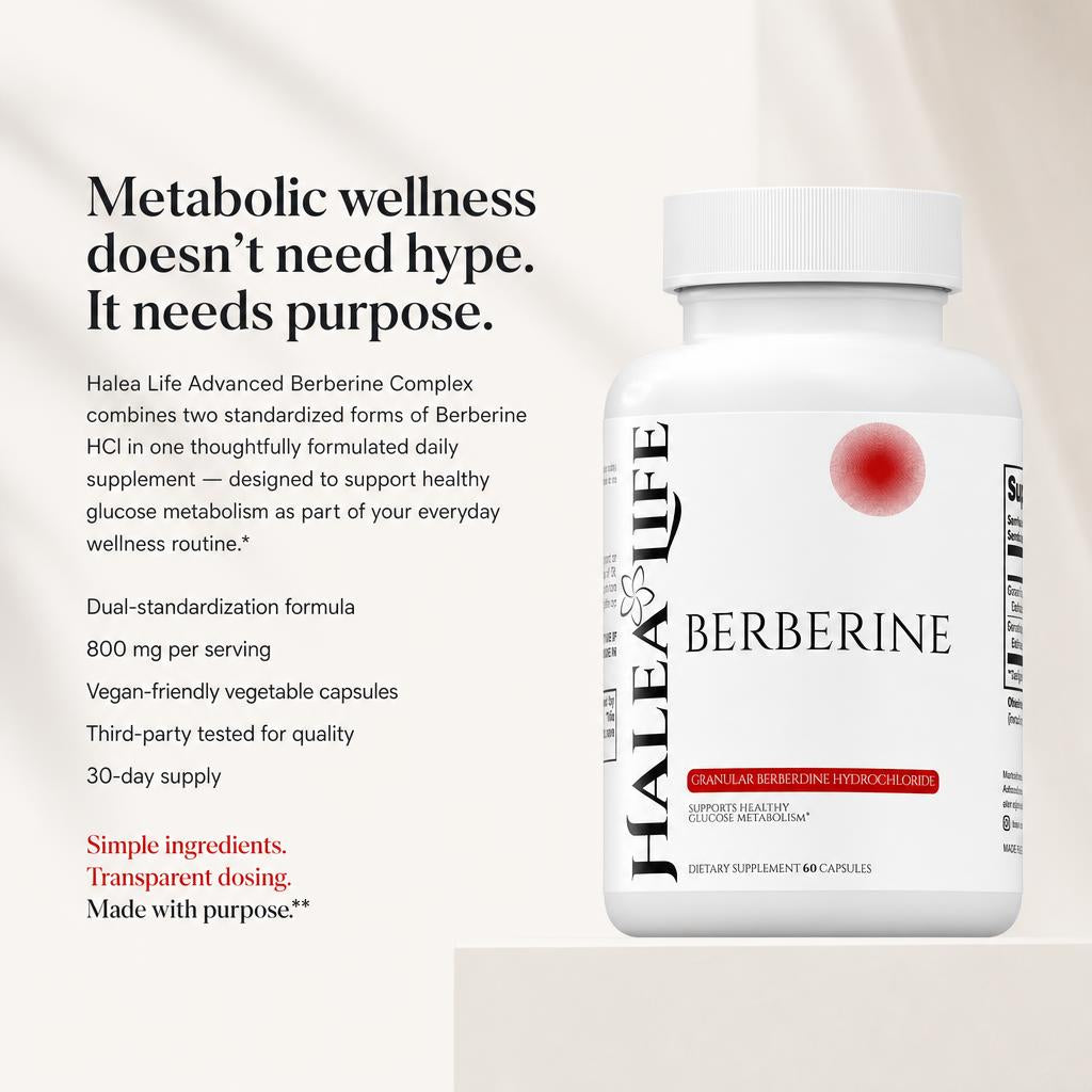 Halea Life Berberine HCl 800mg Capsules bottle detail with dual-standardization formula label