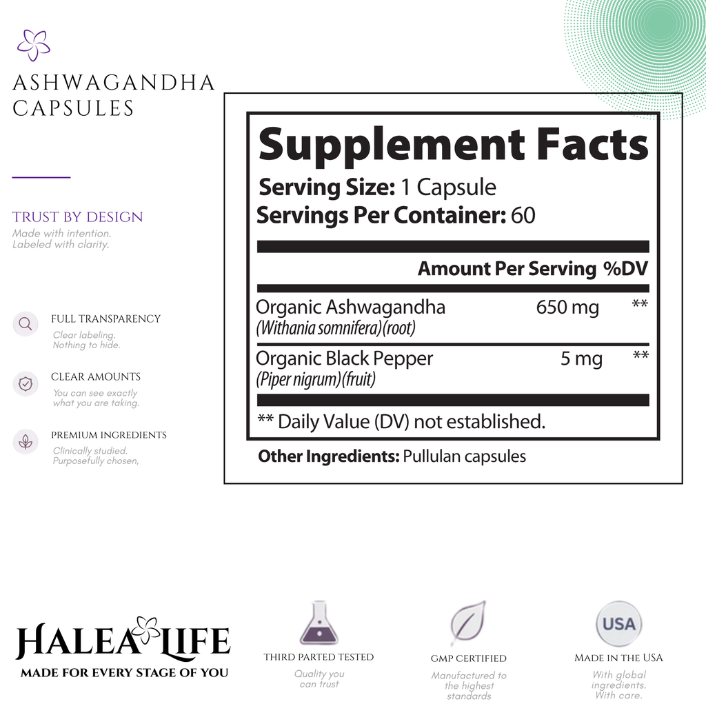 Halea Life Ashwagandha KSM-66 capsules for adrenal support sleep quality and mental clarity