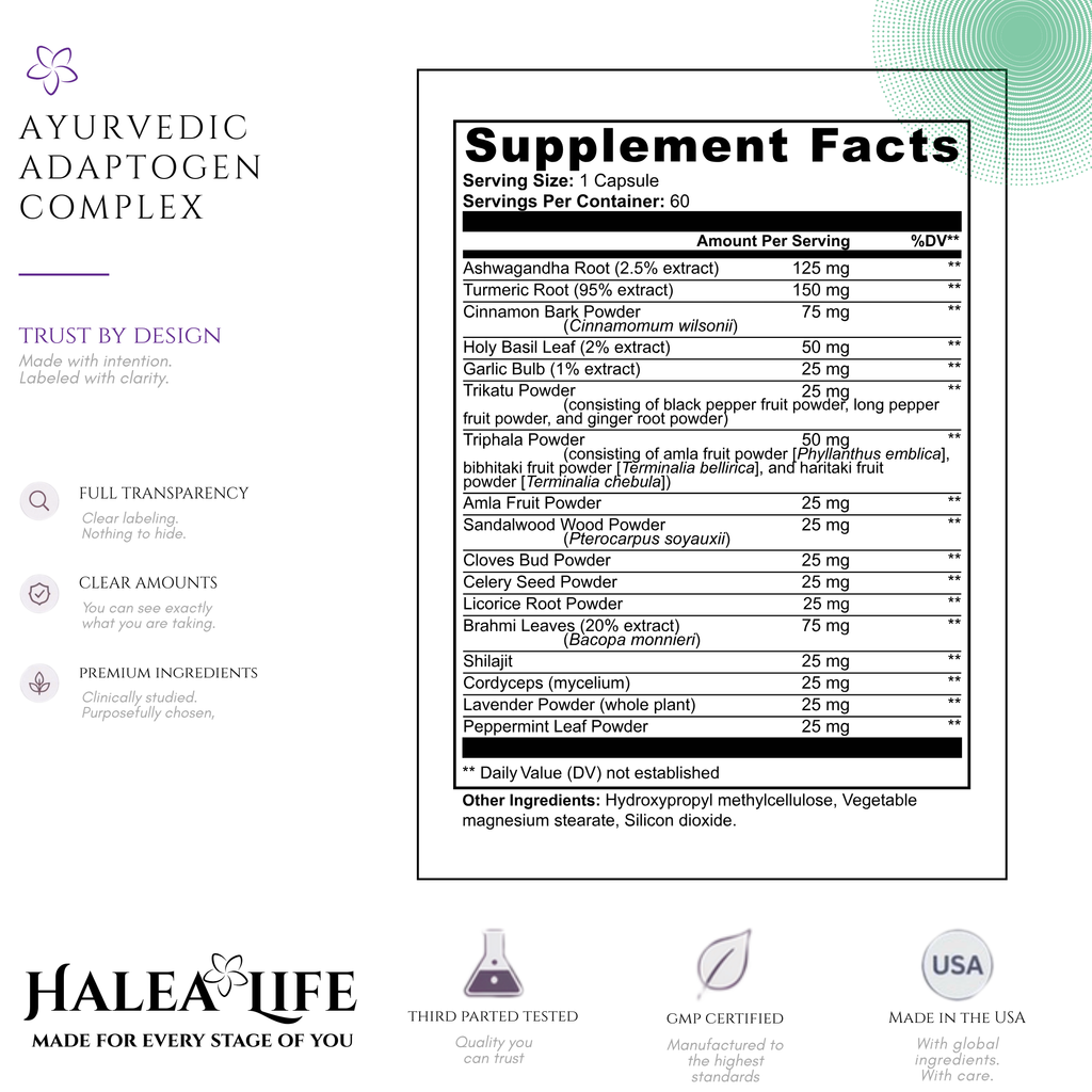 Supplement facts label for Ayurvedic Adaptogen Complex with Halea Life branding.