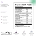 Supplement facts label for Ayurvedic Adaptogen Complex with Halea Life branding.