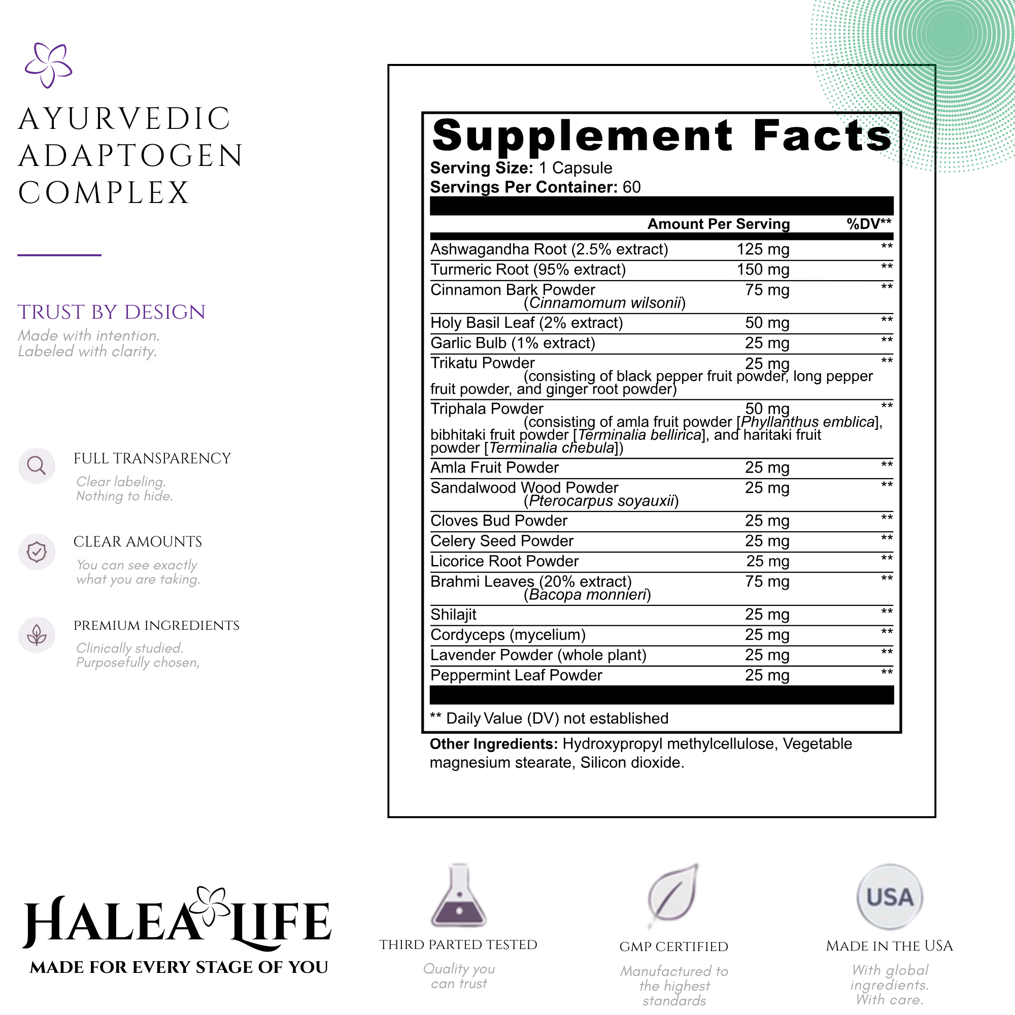 Supplement facts label for Ayurvedic Adaptogen Complex with Halea Life branding.