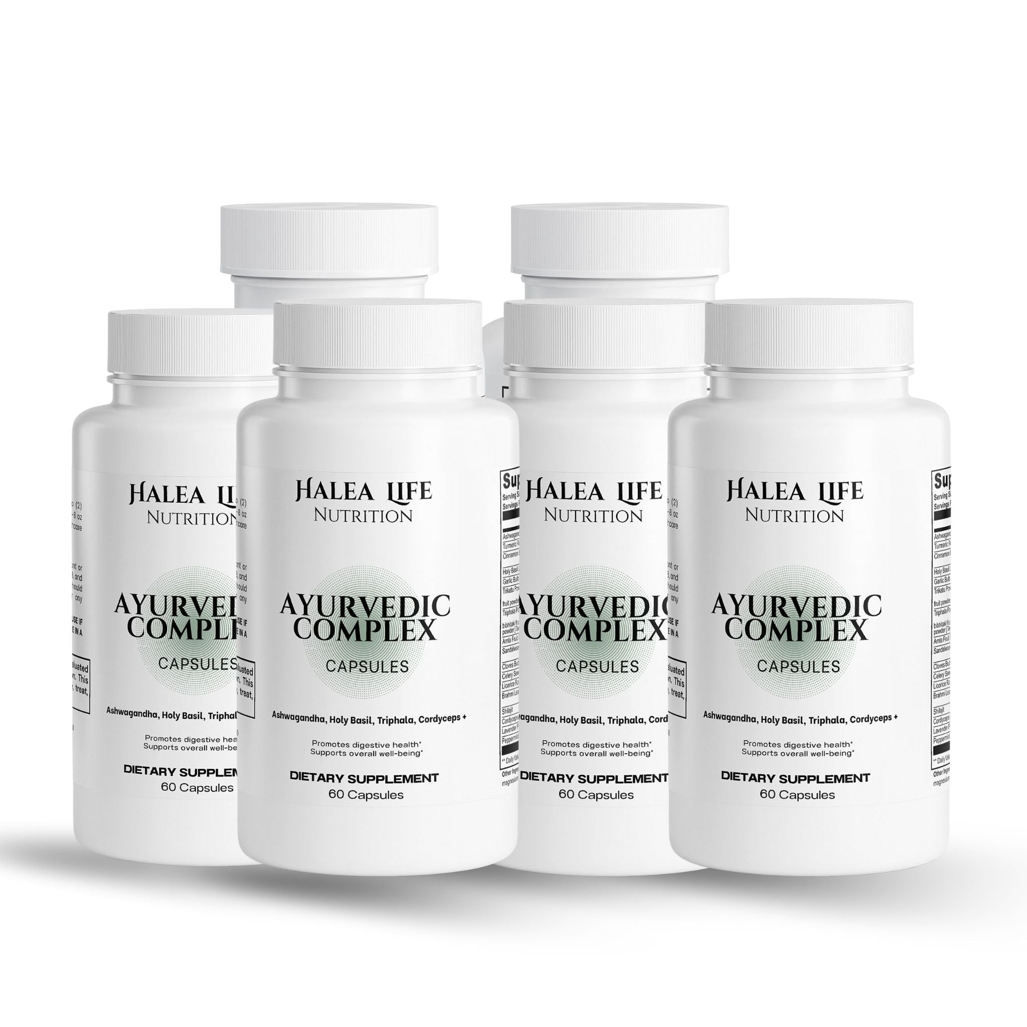 6 bottles of Halea Life Nutrition Ayurvedic Complex on a white background