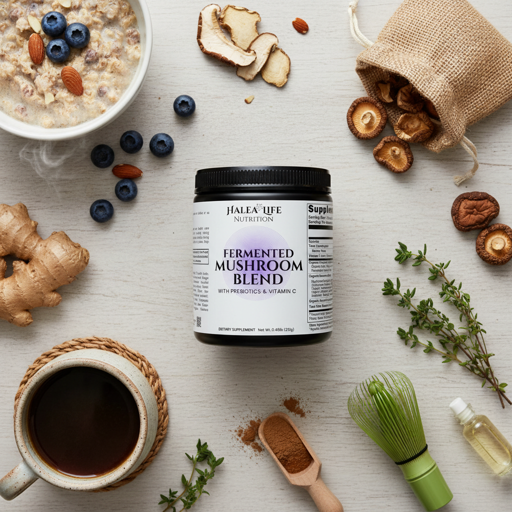Halea Life Nutrition fermented mushroom blend jar surrounded by a bowl of oatmeal, coffee, and various herbs on a light surface.