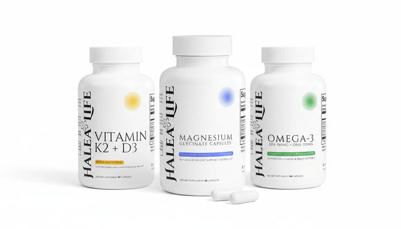Three supplement bottles labeled 'Vitamin K2 + D3', 'Magnesium', and 'Omega-3' on a white background.