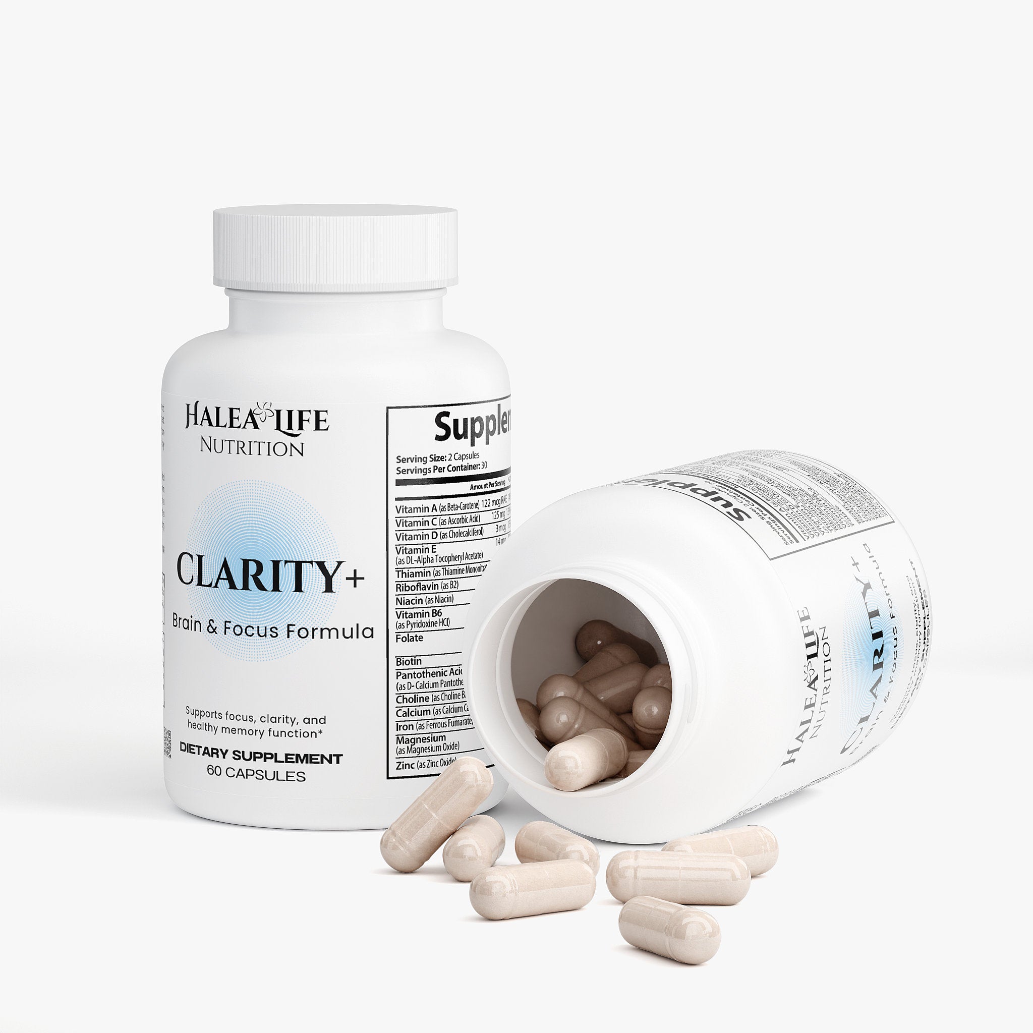 Halea Life Nutrition Clarity+ supplement bottle with open cap showing capsules on a white background