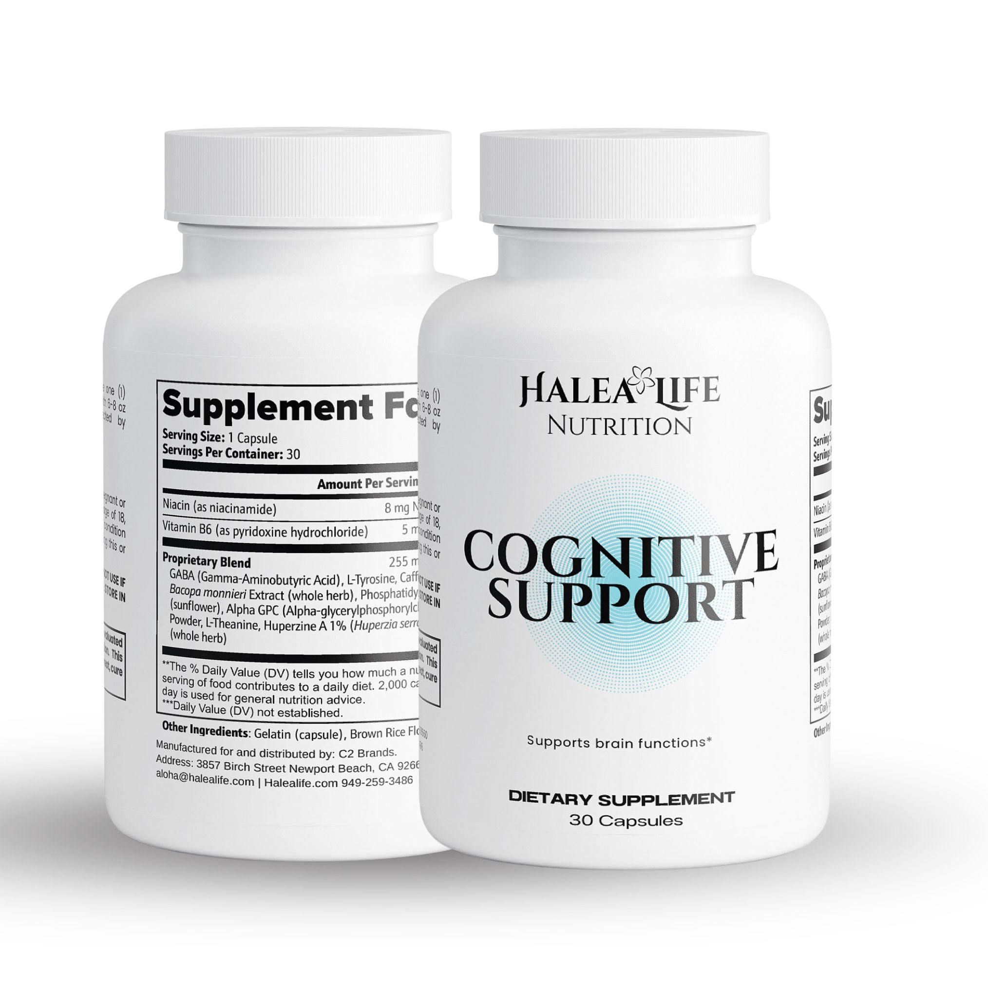 Two bottles of Halea Life Nutrition supplements on a white background