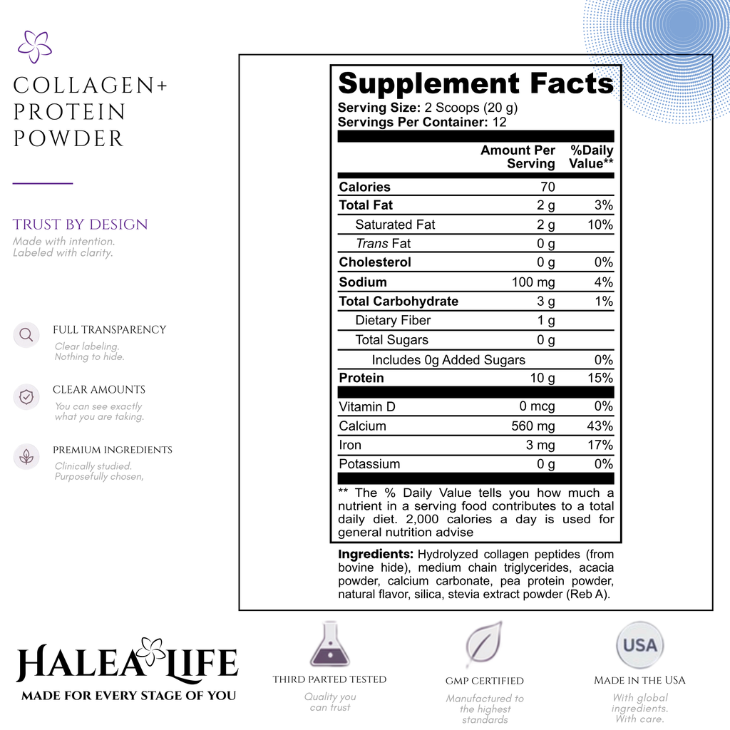Supplement facts label for Halea Life collagen and protein powder with branding and certification logos.